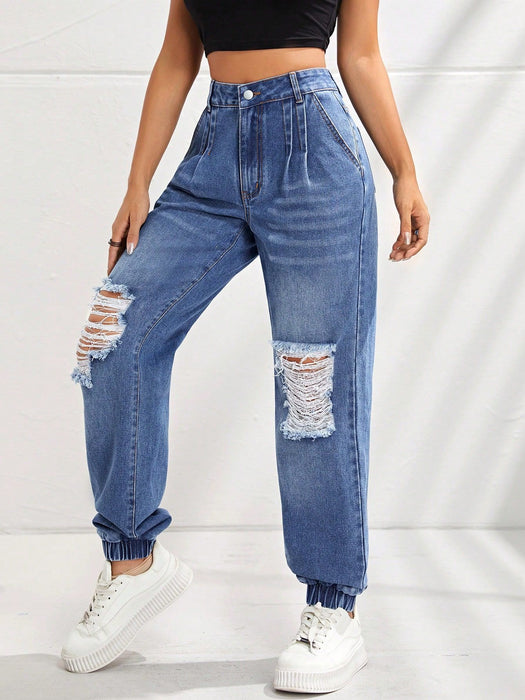 Women Clothing High Waist Slimming Holes Ankle Tied Jeans