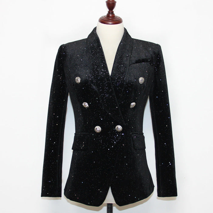 Spring Autumn Blazer  Starry Sequined Silver Buckle Waist Tight Velvet Small Blazer for Women