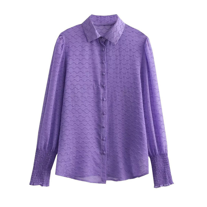 Spring Summer Two Color Embossed Loose Long Sleeved Shirt Single Breasted Top