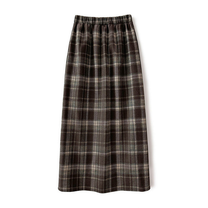 Retro Plaid Woolen Skirt Fleece Lined Women Winter Pear Shapes Cover Slim Long Straight Skirt