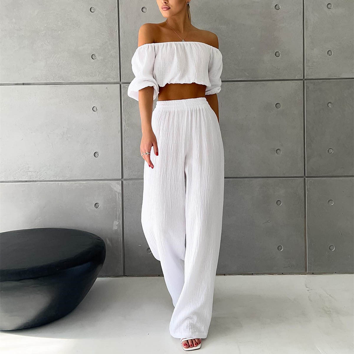 Two Piece Women Summer Pure Cotton Champray Solid Color off Neck Short Sleeved Top High Waist Wide Leg Pants Casual Suit