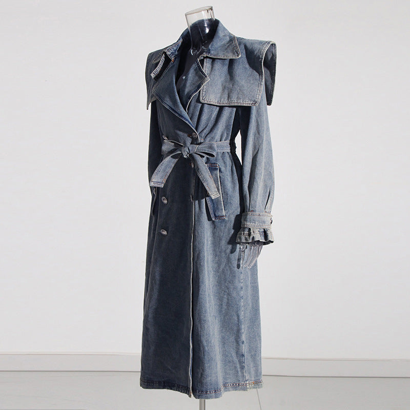 Autumn Elegant Women Clothing Denim Trench Coat Polo Collar Lace up Design Slimming Denim Trench Coat