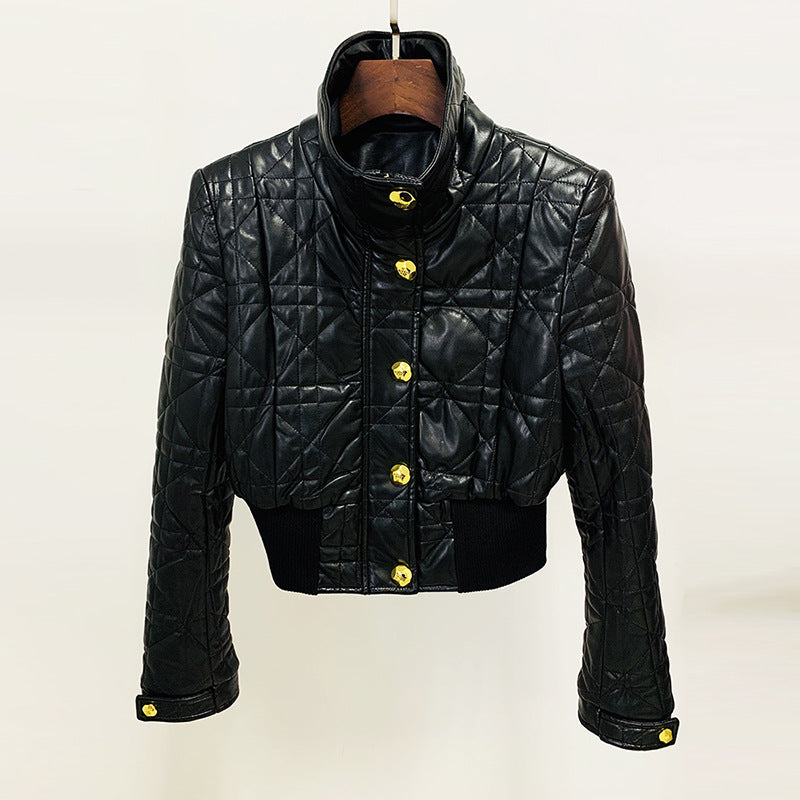 Goods Star Locomotive Slim Fit Waistline Plaid Short Leather Jacket Coat