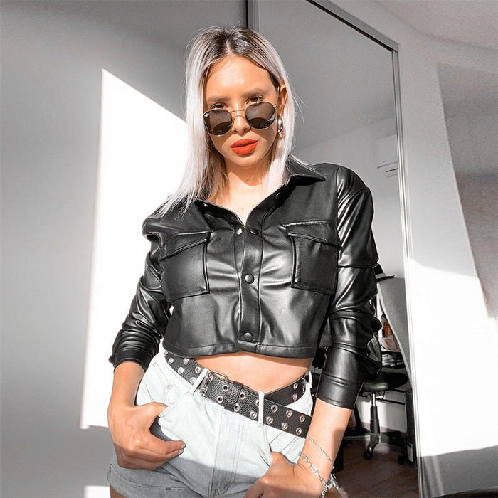 Autumn Winter Long Sleeve Short cropped Women Leather Top Short Coat Women