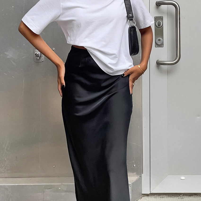 Summer Women Clothing Imitation Acetate Satin Black Skirt Women French Office Satin Drape Fishtail Skirt Long Skirt