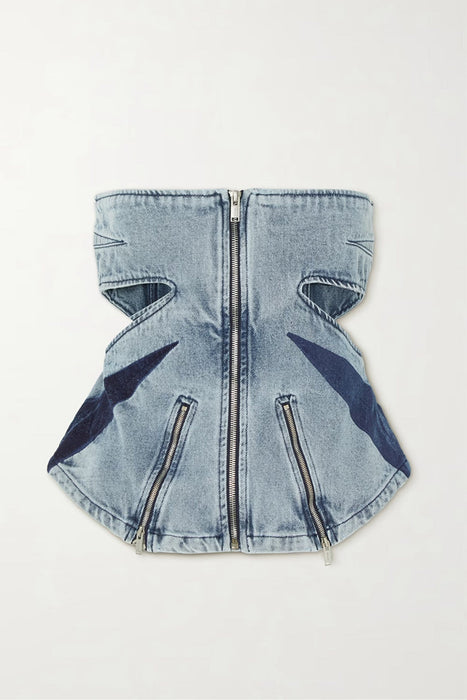 Denim Suit Women  Color Contrast Patchwork Tube Top Three Dimensional Split Double Zipper Stitching Elastic Washed Jeans Two Piece Set