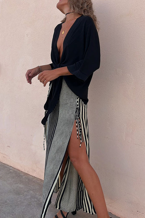 Casual Set Satin Top Striped Slit Skirt Sets