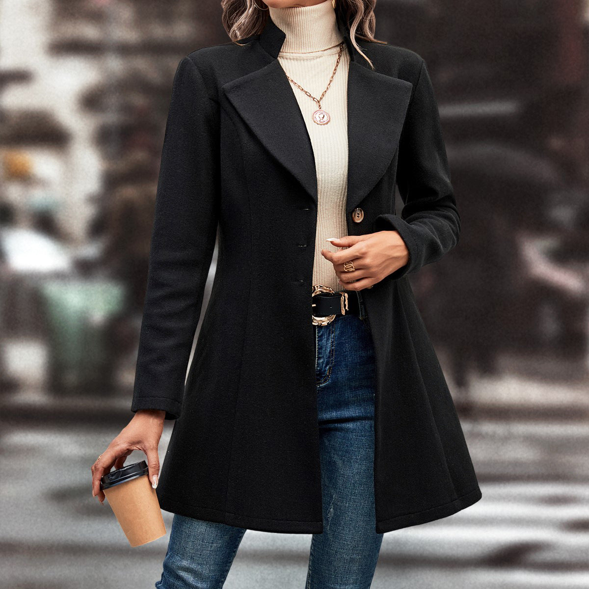 Women Clothing Solid Color Polo Collar Woolen Coat Autumn Winter