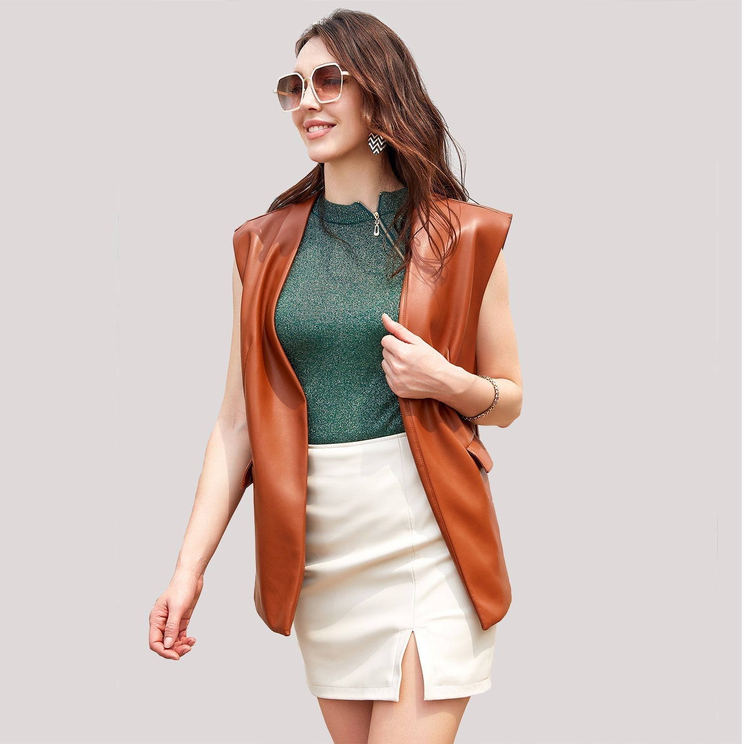 Sleeveless Faux Leather Vest Loose Plus Size Women Vest Cardigan Short Coat Women