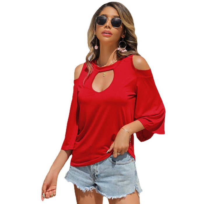 Summer Women Clothing round Neck Pullover off-the-Shoulder Flared Sleeves Women T-shirt Shirt