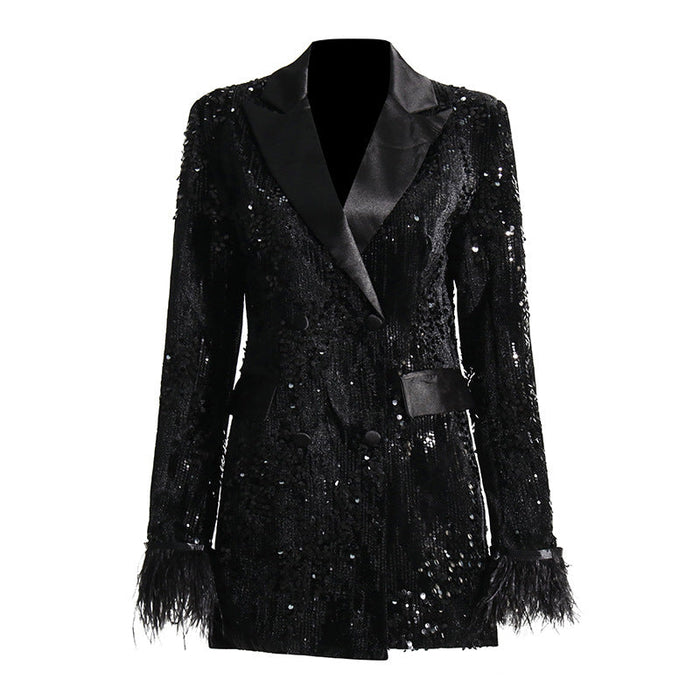 Autumn Socialite Affordable Luxury Sequined Blazer  Slim Fit Cuff Furry Stitching Small Blazer