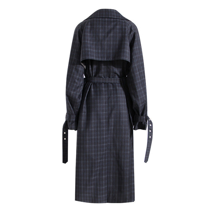 British Plaid Trench Coat For Women Autumn Winter Waist Belt Large Pocket Detachable Lace Up Long Trench Coat