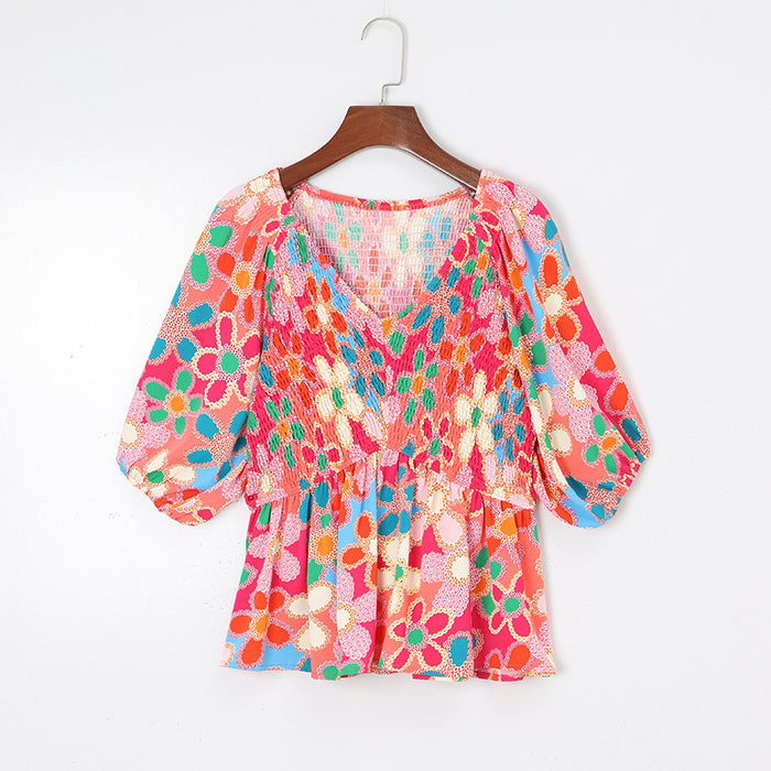 Summer Bohemian Chiffon Shirt Women Waist Slimming Floral Printed Pullover Women