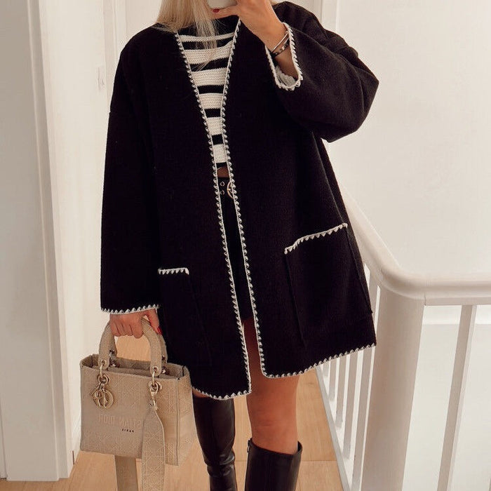 Women Color Contrast Woolen Coat Autumn Winter