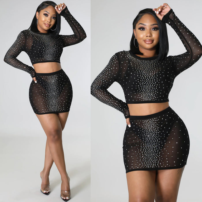 Summer Women Clothing Sexy Mesh Drilling See through Long Sleeve Short Dress Two Piece Set