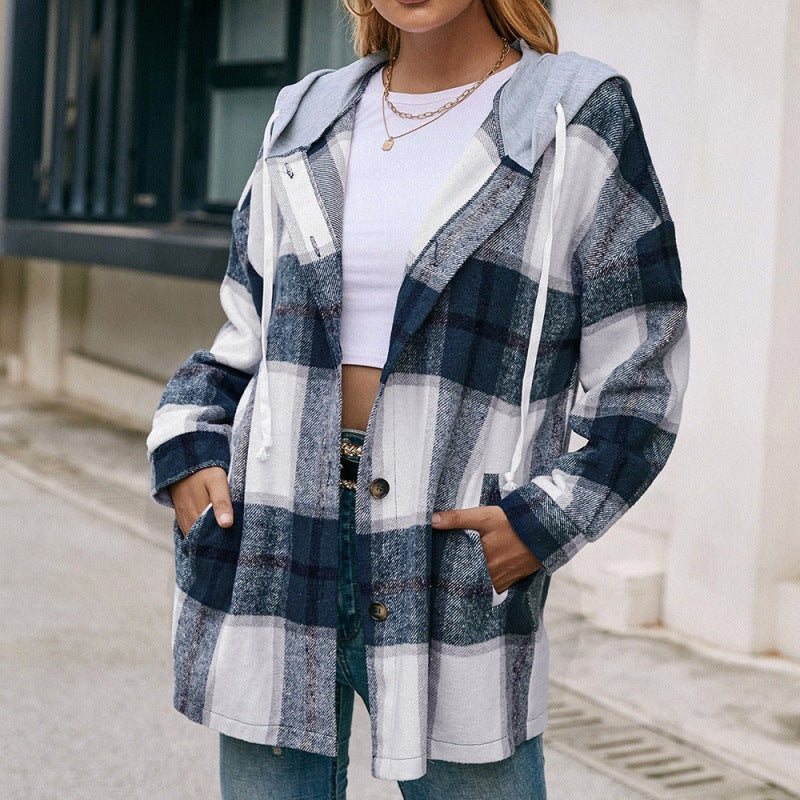 Plaid Shirt Hooded Loose Casual Shacket Jacket Outerwear