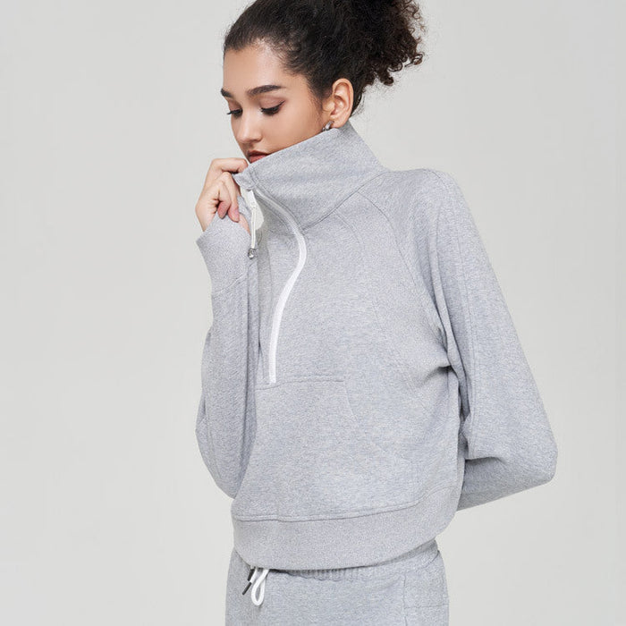 Autumn Winter Yoga Wear Coat Women Loose Top Half Zipped Stand Collar Finger Lock Workout Long Sleeve Sweater Women