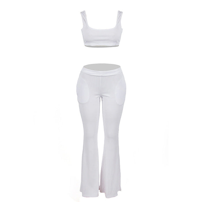 Summer Solid Color Sleeveless Cropped Sling Top Slim Fit Backless Trousers Suit