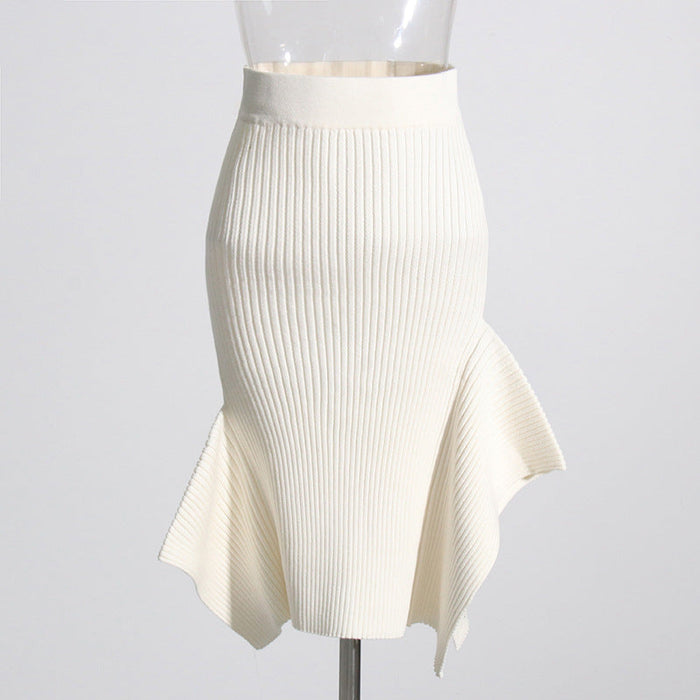 Solid Color Stitching Irregular Asymmetric Autumn Winter Knitted Sheath Fishtail Skirt