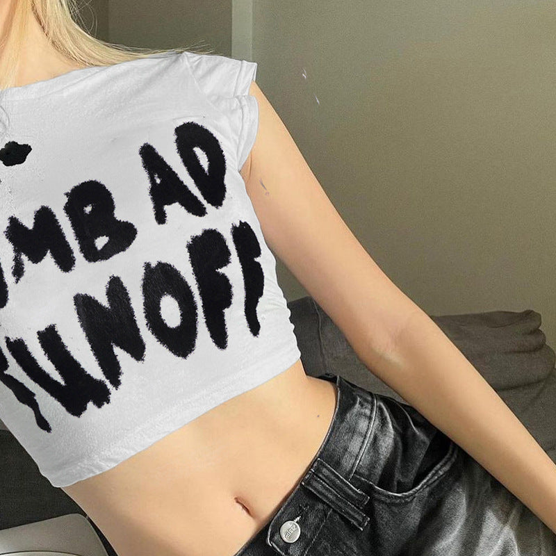 Women Spring Clothing Letter Graphic Printing Short Cropped Casual Simple Slim Short Sleeved Tops