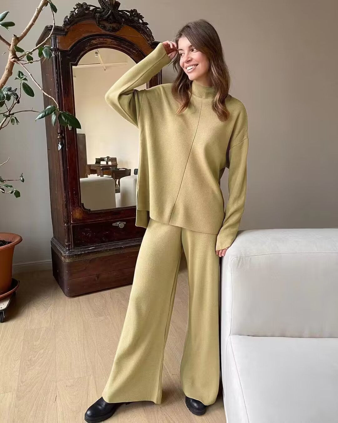 Autumn Winter Russian Long Sleeve Loose Casual Sweater Knitted Top Trousers Set