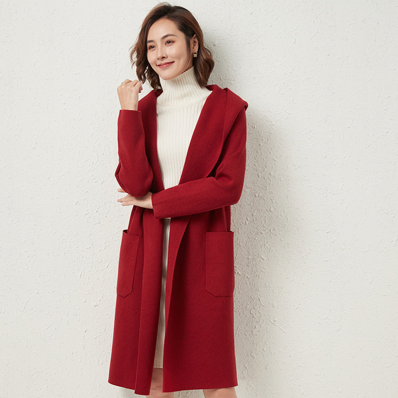 Hepburn Solid Color Woolen Coat Women Autumn Winter Mid Length Small Woolen Overcoat Thickened