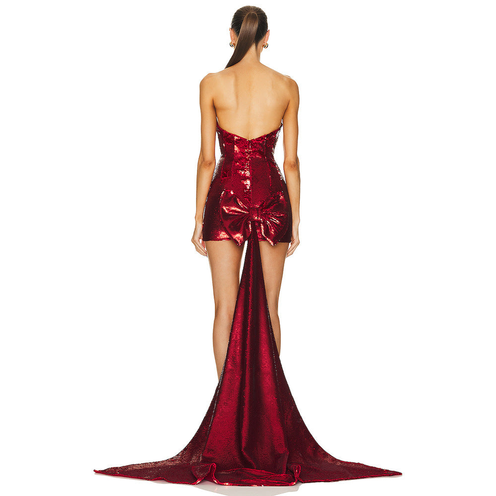 Autumn Wine Red Bow Tail Sequin Strapless Dress Women Clothing Sexy Dress