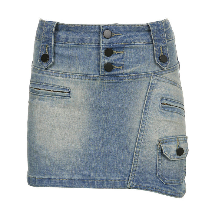 Retro Distressed Denim Skirt Sexy Low Waist Skirt Irregular Asymmetric Zipper Splicing Package Hip Skirt