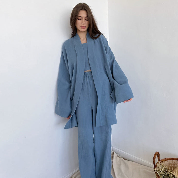 Fall French Loose Nightgown Trousers Double Layer Gauze Women Pajamas Solid Color Cotton Absorbent Moisture Wicking Clothing