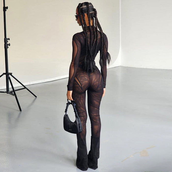 Women Clothing Sexy Mesh Stitching Sheer Long Sleeve Jumpsuit Flared Pants Casual Suit