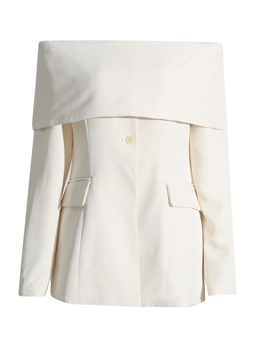 Niche Design Solid Color Stitching Blazer Autumn off Shoulder Long Sleeve Strapless Sexy Pocket Coat