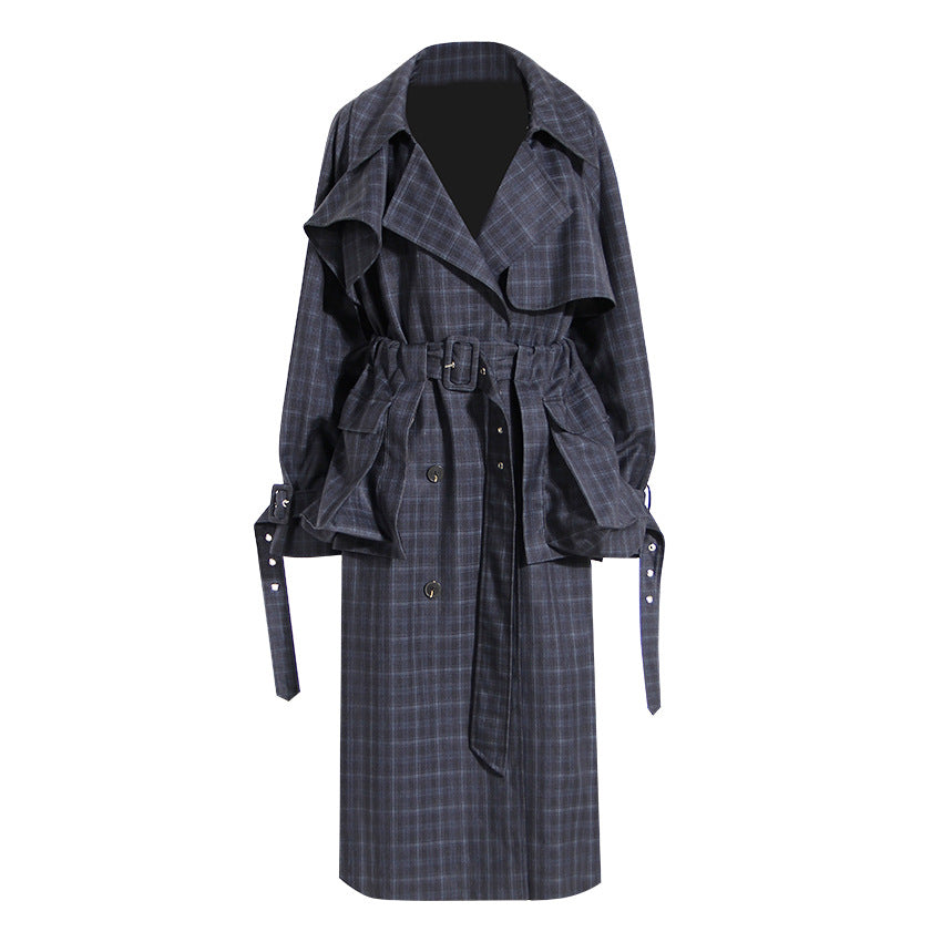 British Plaid Trench Coat For Women Autumn Winter Waist Belt Large Pocket Detachable Lace Up Long Trench Coat