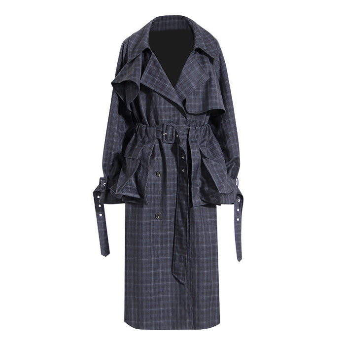 British Plaid Trench Coat For Women Autumn Winter Waist Belt Large Pocket Detachable Lace Up Long Trench Coat