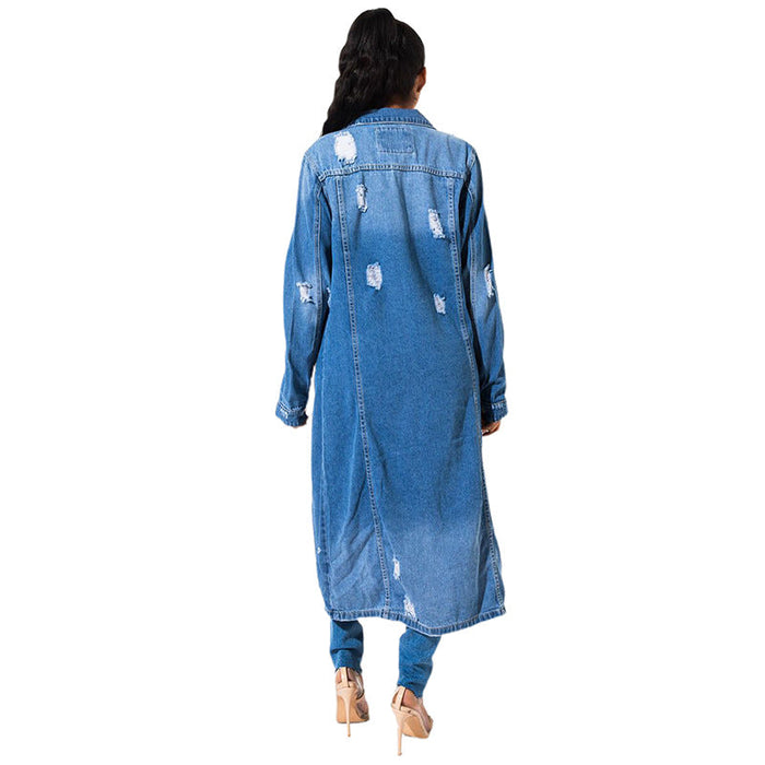 Denim Jacket Women Autumn Winter Worn Loose V Neck Denim Trench Coat