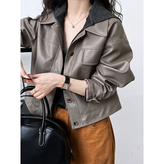 Fashionable Fine Elegant Brown Profile Faux Leather Coat Women Fall Lapels Motorcycle Short Jacket Coat