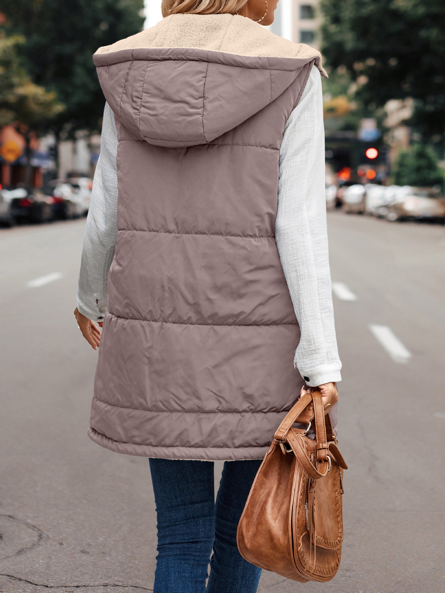 Simple Stitching Plush Double Sided Women Vest Hooded