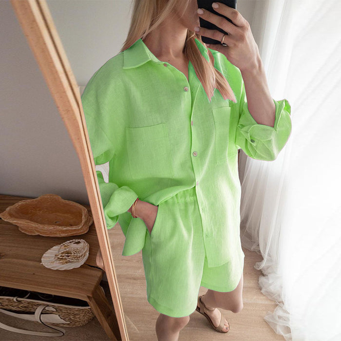 Women Clothing All-Match Shirt Elastic Waist Shorts Two-Piece Suit