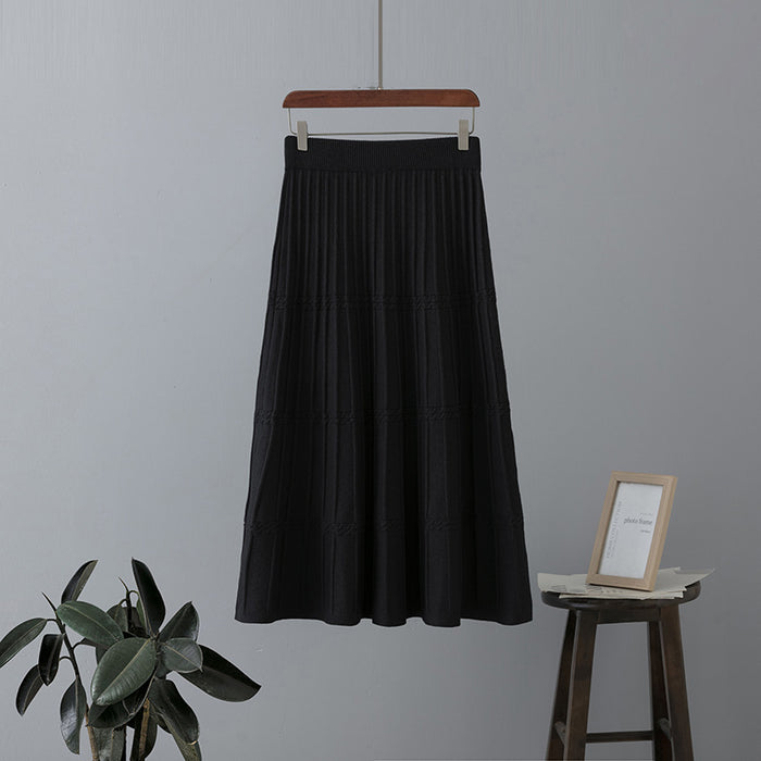 Woolen Knitted Skirt Women Mid Length Thickened Autumn Winter High Waist Slimming A line Pleated Skirt Big Hem Umbrella Skirt