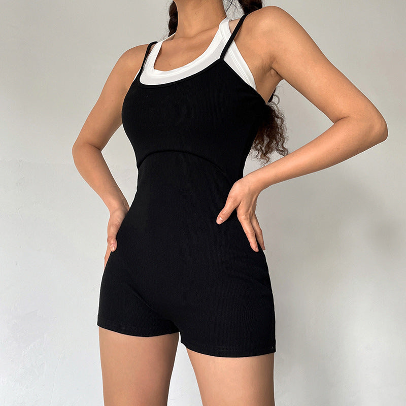 Sports Faux Two Piece Halter Strap Solid Color Slim Strap Romper