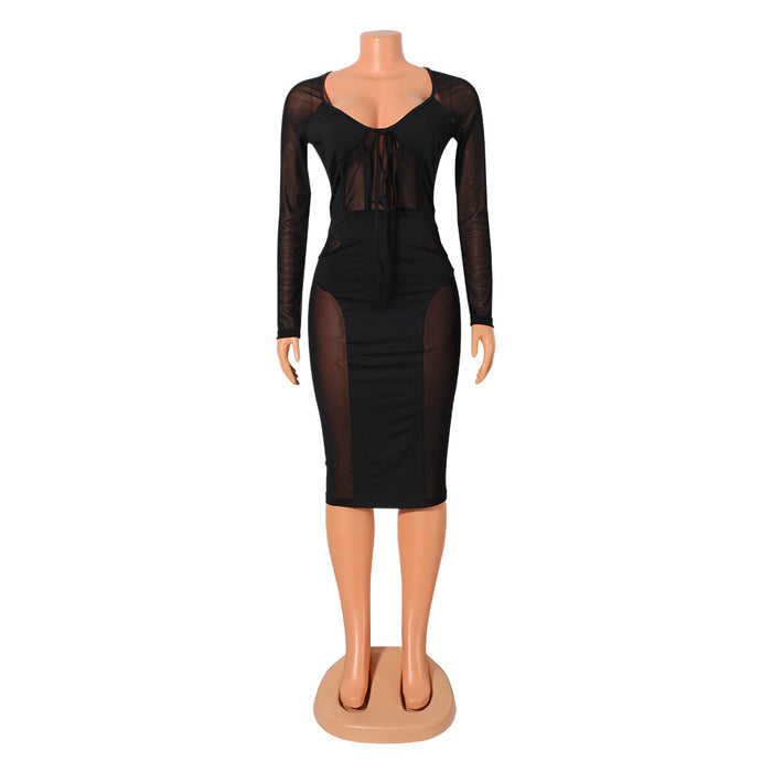 Women Clothing Sexy Mesh Stitching See through Tied Dress Women