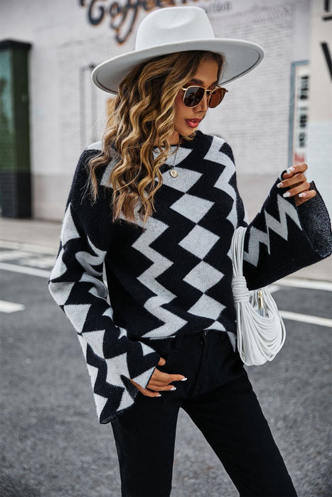 Autumn Winter Diamond Plaid Stitching Knitwear Sweater