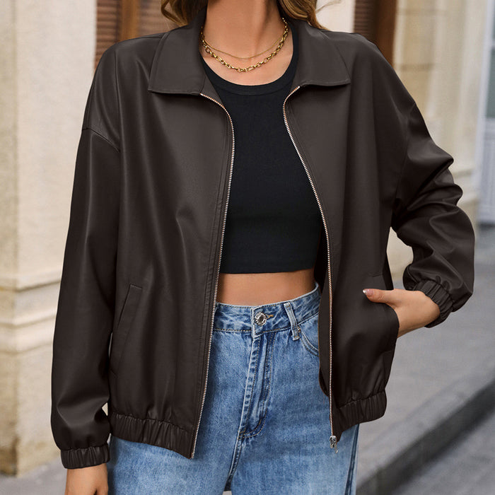 Casual Long Sleeve Solid Color Faux Leather Motorcycle Leather Coat Polo Collar Jacket Coat Top Women