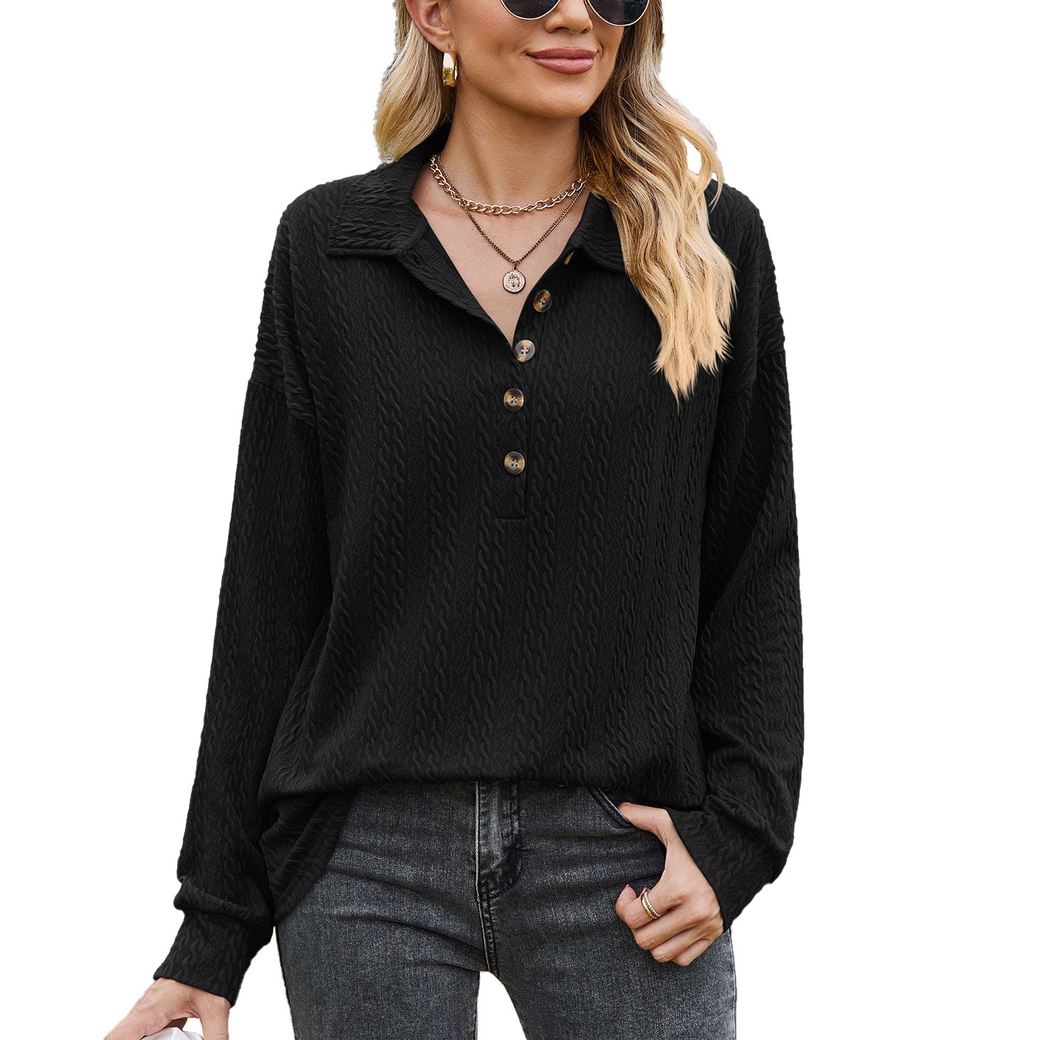 Autumn Winter Solid Color Polo Collar Button Loose Long Sleeve Sweatershirt Coat Women