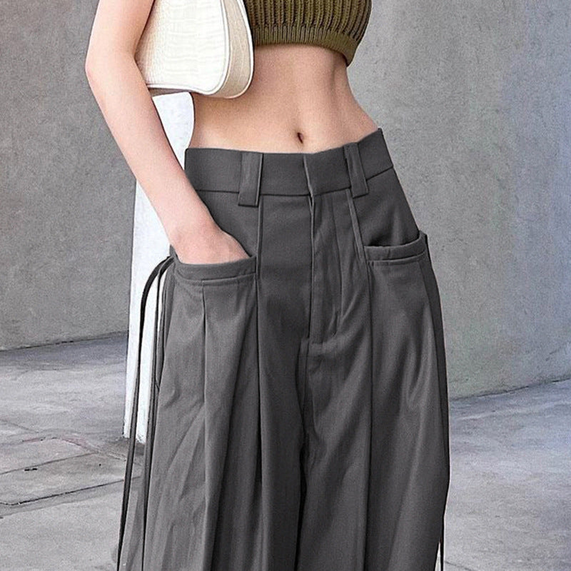 Retro Street High Grade sexy Loose Wide-Leg Pants Elegant Pleated Pocket All Matching Casual Mopping Pants Trousers