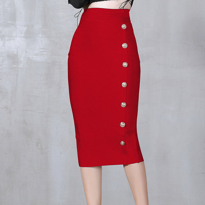 Autumn Winter Tight Waist Slimming Skirt Seam Buckle Midi Slim Fit Bandage Wild Hip Skirt