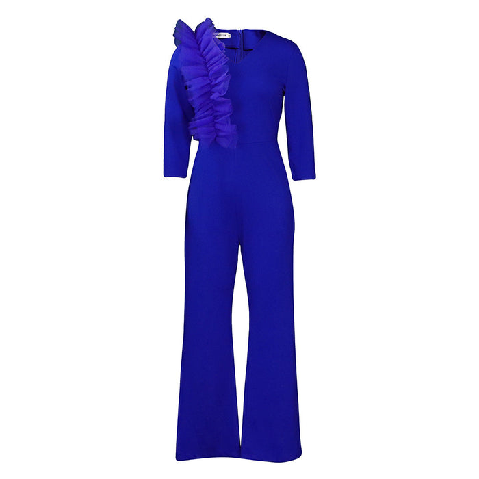 Women Clothing Autumn Elegant V neck Wide Leg Jumpsuit