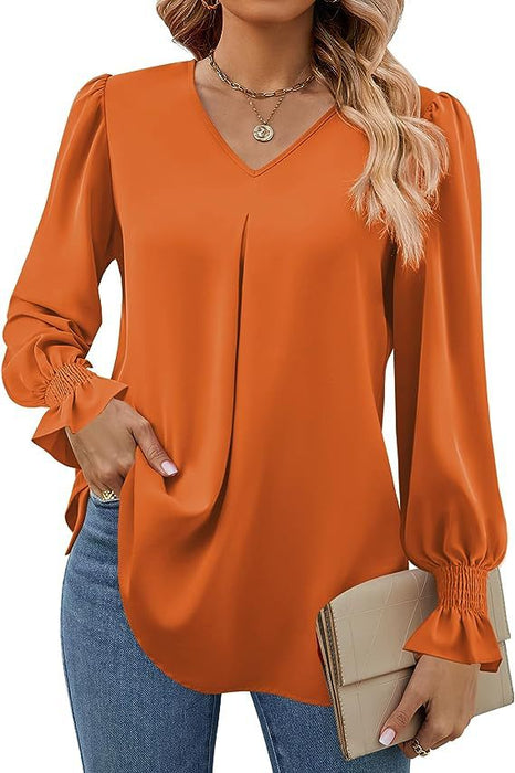 Women Clothing Autumn Winter Solid Color Chiffon Shirt V Neck Pullover Horn Long Sleeve Top Shirt