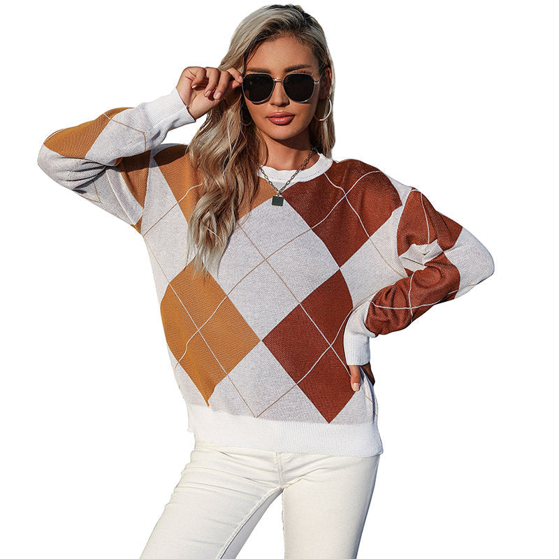 Autumn Middle East Women Round Neck Pullover Knitting Rhombus Sweater for Women