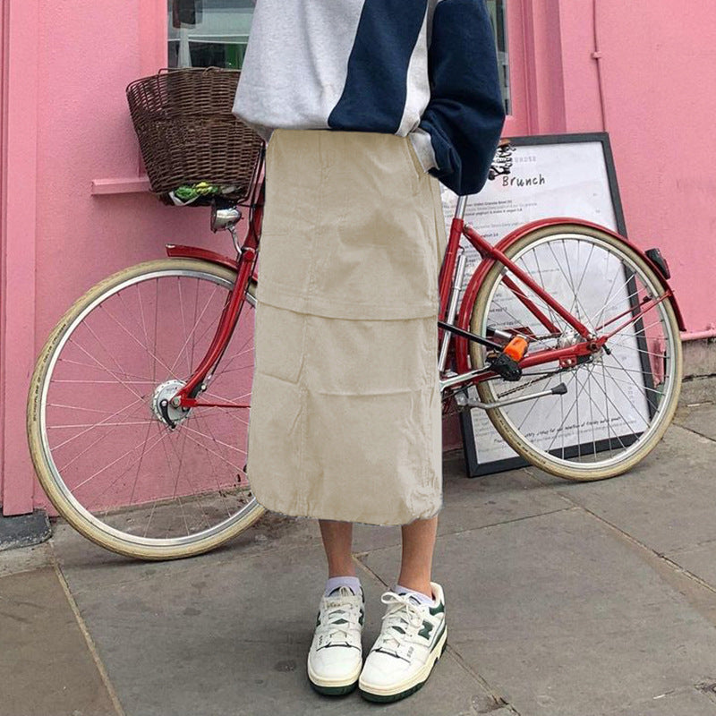 Spring Loose Slimming Solid Color Retro Workwear Half Length Women Skirt