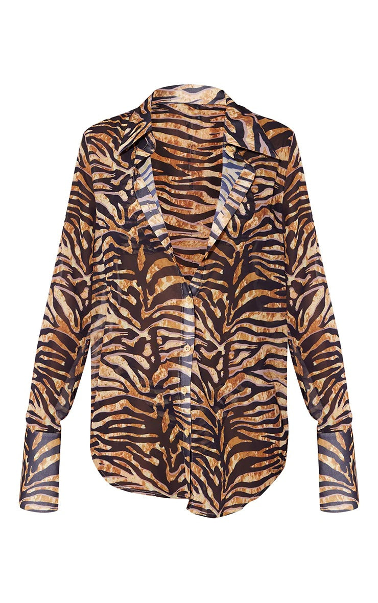 Printed Autumn Loose Printed Tiger Pattern Long Sleeve Shirt Drape Vacation Top Shirt for Women